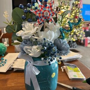 Blue and White Floral Arrangement in Mason Jar